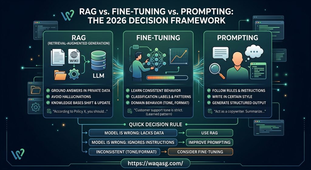 Infographic showing the 2026 decision framework for RAG vs. Fine-Tuning vs. Prompting, explaining when to use each AI architecture for custom applications.