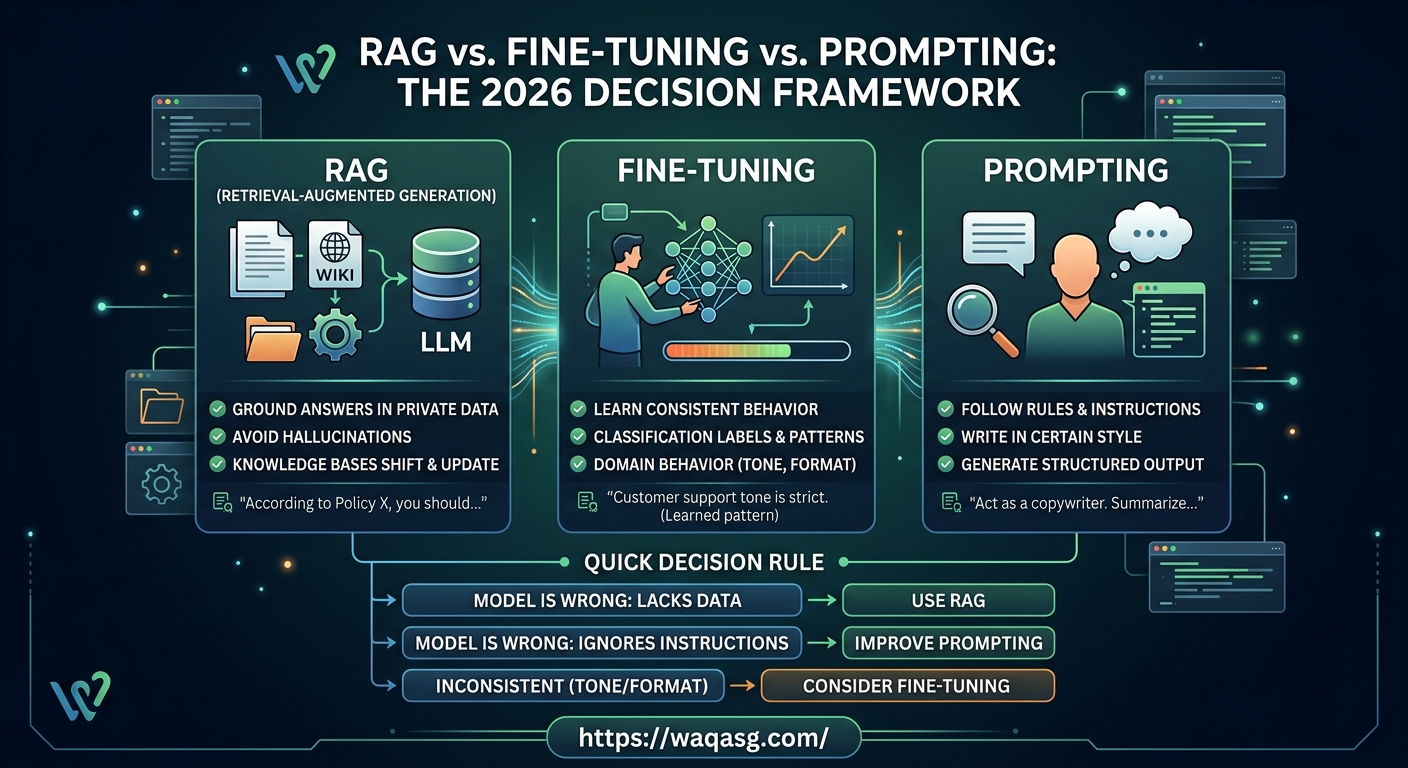 Infographic showing the 2026 decision framework for RAG vs. Fine-Tuning vs. Prompting, explaining when to use each AI architecture for custom applications.